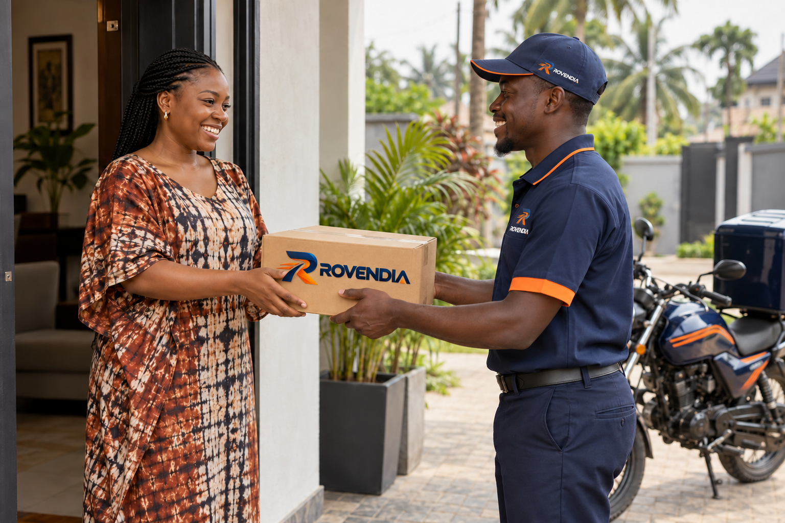 ROVENDIA branded parcel being handed to a customer